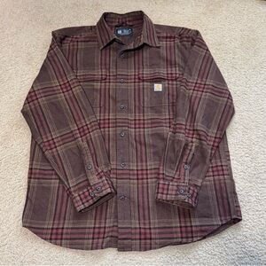 Carhartt Brown and Red Plaid Casual Button-Down Shirt